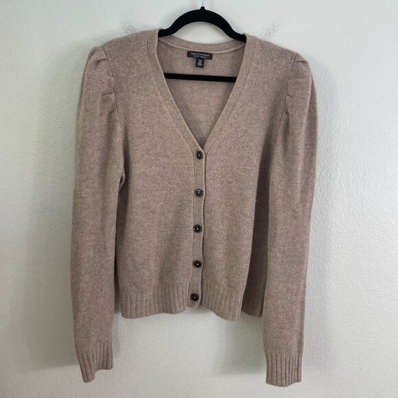 Saks Fifth Avenue Womens Large Puff Sleeve Cashmere Cardigan Light Brown Knit - Picture 7 of 9